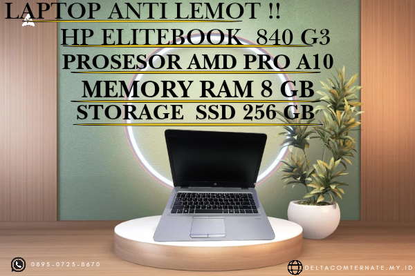 HP ELITEBOOK 840 G3, TYPE BARU BODY SLIM, PROSESOR AMD PRO A10 RAM 8 GB SSD 256 GB DISPLAY 14 INCH MULUS 