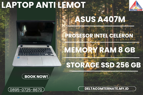 ASUS A407M , TYPE BARU BODY SLIM, PROSESOR INTEL CELERON RAM 8 GB SSD 256 GB GB DISPLAY 14 INCH MULUS , WARNAH GOLD, LECET SDIKIT,