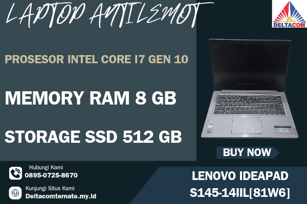 LENOVO IDEAPAD S145-14IIL[81W6], TYPE BARU BODY SLIM, PROSESOR INTEL CORE I7 GEN 10 RAM 8 GB STORAGE SSD 512 GB  DISPLAY 14 INCH MULUS , WARNAH SILVER
