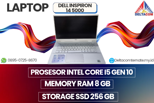 DELL INSPIRON 14 [5000] , TYPE BARU BODY SLIM, PROSESOR INTEL CORE I5 GEN 10 MEMORY RAM 8 GB STORAGE SSD 256 GB  DISPLAY 14 INCH MULUS , WARNAH SILVER