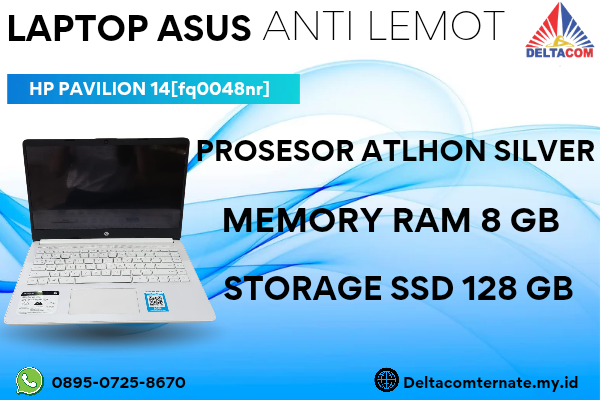 HP PAVILION14 [FQ0048NR] , TYPE BARU BODY SLIM, PROSESOR ATLHON SILVER MEMORY RAM 8 GB STORAGE SSD 128 GB  DISPLAY 14 INCH MULUS , WARNAH PUTIH,  LECE