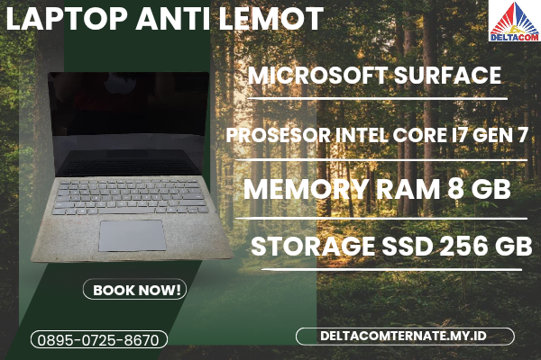 MICROSOFT SURFACE , TYPE BARU BODY SLIM, PROSESOR INTEL CORE I7 GEN 7 MEMORY RAM 8 GB STORAGE SSD 256 GB  DISPLAY 14 INCH MULUS , WARNAH SILVER,  LECE