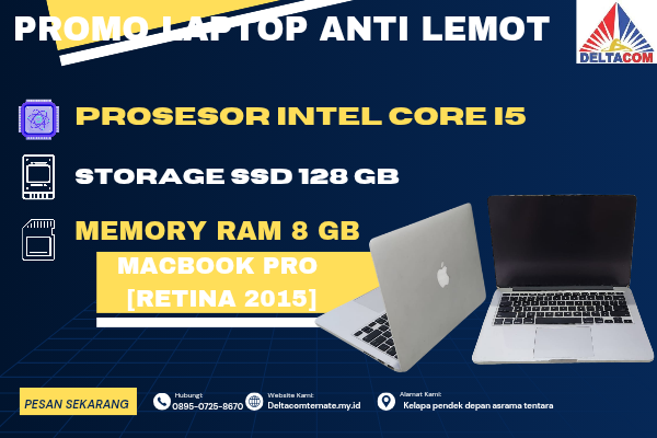 MACBOOK PRO RETINA 2015 , TYPE BARU BODY SLIM, PROSESOR INTEL CORE I5 MEMORY RAM 8 GB STORAGE SSD 128 GB  DISPLAY 14 INCH MULUS , WARNAH SILVER,  LECE