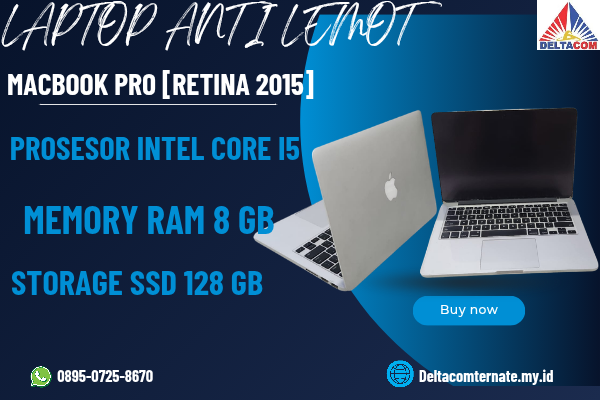 MACBOOK PRO RETINA 2015 , TYPE BARU BODY SLIM, PROSESOR INTEL CORE I5 MEMORY RAM 8 GB STORAGE SSD 128 GB  DISPLAY 14 INCH MULUS , WARNAH SILVER , LECE