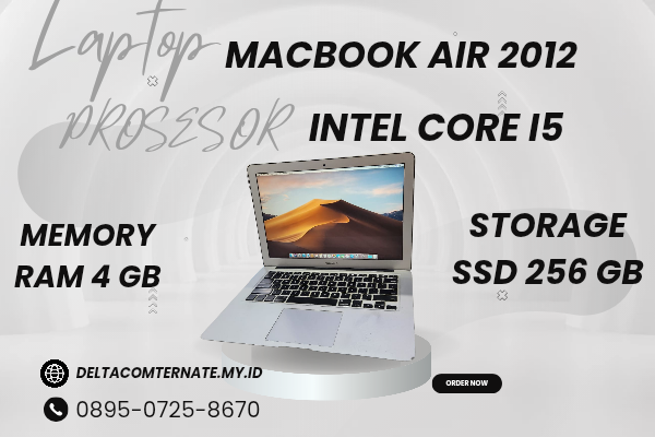 MACBOOK AIR 2012 , TYPE BARU BODY SLIM, PROSESOR INTEL CORE I5 MEMORY RAM 4 GB STORAGE SSD 256 GB  DISPLAY 14 INCH MULUS , WARNAH SILVER,  LECET SDIKI