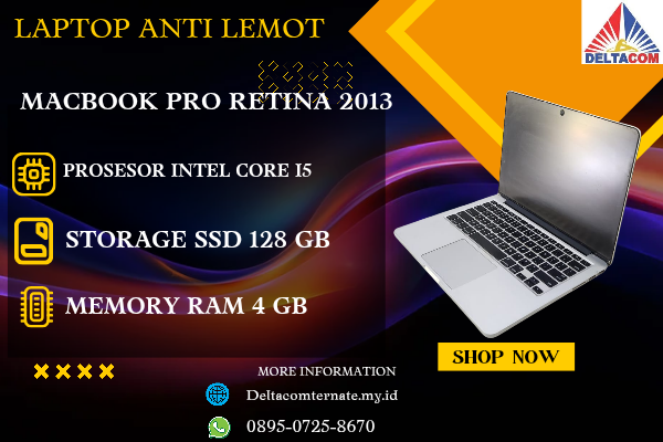 MACBOOK PRO RETINA 2013 , TYPE BARU BODY SLIM, PROSESOR INTEL CORE I5 MEMORY RAM 4 GB STORAGE SSD 128 GB  DISPLAY 14 INCH MULUS , WARNAH SILVER  , LEC