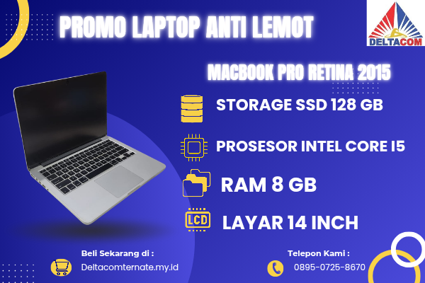 MACBOOK PRO RETINA 2015 , TYPE BARU BODY SLIM, PROSESOR INTEL CORE I5 MEMORY RAM 8 GB STORAGE SSD 128 GB  DISPLAY 14 INCH MULUS , WARNAH SILVER  , LEC