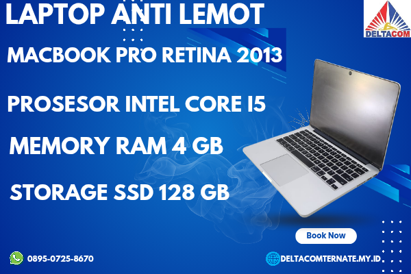 MACBOOK PRO RETINA 2013 , TYPE BARU BODY SLIM, PROSESOR INTEL CORE I5 MEMORY RAM 4 GB STORAGE SSD 128 GB  DISPLAY 14 INCH MULUS , WARNAH SILVER , LECE