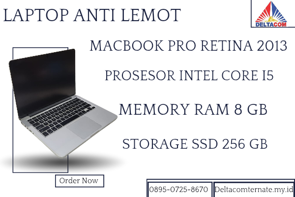 MACBOOK PRO RETINA 2013 , TYPE BARU BODY SLIM, PROSESOR INTEL CORE I5 MEMORY RAM 8 GB STORAGE SSD 256 GB  DISPLAY 14 INCH MULUS , WARNAH SILVER  , LEC