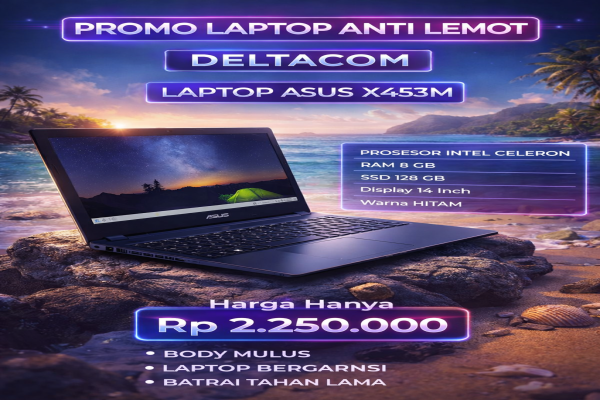 ASUS X453M , TYPE BARU BODY SLIM, PROSESOR INTEL CELERON MEMORY RAM 8 GB STORAGE SSD 128 GB  DISPLAY 14 INCH MULUS , WARNAH HITAM ,LECET SDIKIT  ,