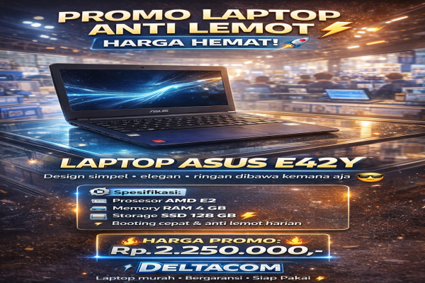 ASUS E402Y , TYPE BARU BODY SLIM, PROSESOR AMD E2 MEMORY RAM 4 GB STORAGE SSD 128 GB  DISPLAY 14 INCH MULUS , WARNAH HITAM, LECET SDIKIT, 