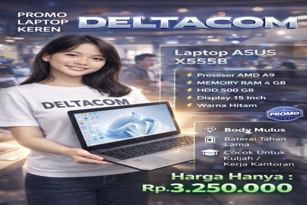 ASUS X555B , TYPE BARU BODY SLIM, PROSESOR AMD A9 MEMORY RAM 4 GB STORAGE HDD 500 GB  DISPLAY 15 INCH MULUS , WARNAH HITAM , LECET SDIKIT, 