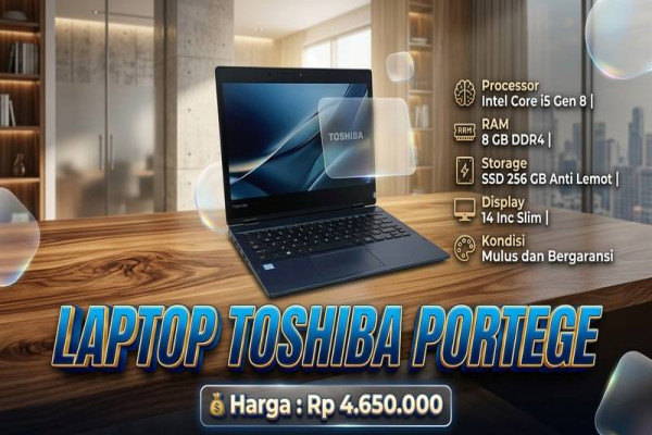 LAPTOP TOSHIBA PORTEGE  🧠 Processor Intel Core i5 Gen 8  💾 RAM 8 GB DDR4  ⚡ Storage SSD 256 GB Anti Lemot  🖥️ Display 14 Inc Slim  🎨 Kondisi Mulus dan