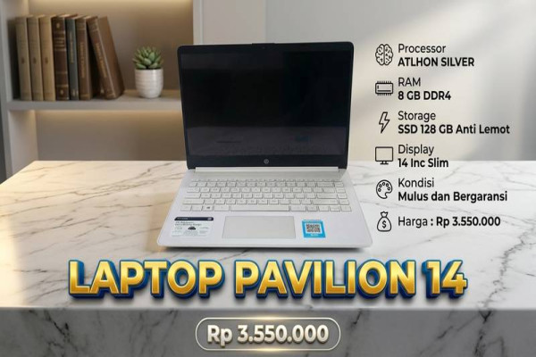 LAPTOP PAVILION 14  🧠 Processor ATLHON SILVER  💾 RAM 8 GB DDR4  ⚡ Storage SSD 128 GB Anti Lemot  🖥️ Display 14 Inc Slim  🎨 Kondisi Mulus dan Bergarans