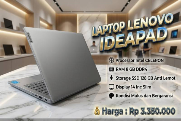 LAPTOP LENOVO IDEAPAD  🧠 Processor Intel CELERON  💾 RAM 8 GB DDR4  ⚡ Storage SSD 128 GB Anti Lemot  🖥️ Display 14 Inc Slim  🎨 Kondisi Mulus dan Bergar