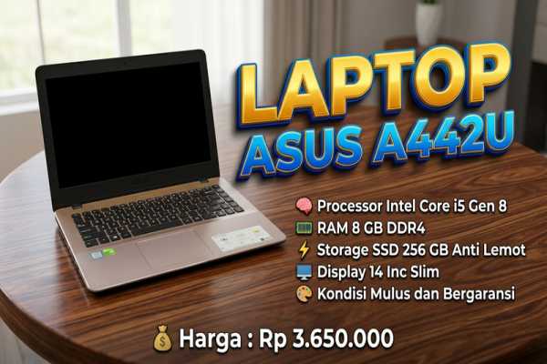 LAPTOP ASUS A442U  🧠 Processor Intel Core i5 Gen 8  💾 RAM 8 GB DDR4  ⚡ Storage SSD 256 GB Anti Lemot  🖥️ Display 14 Inc Slim  🎨 Kondisi Mulus dan Berg