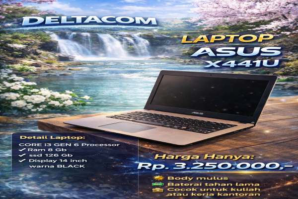 LAPTOP ASUS X441U   🧠 Processor Intel Core i3 Gen 6  💾 RAM 8 GB DDR4  ⚡ Storage SSD 128 GB  🖥️ Display 14 Inc Slim  🎨 Kondisi Mulus dan Bergaransi