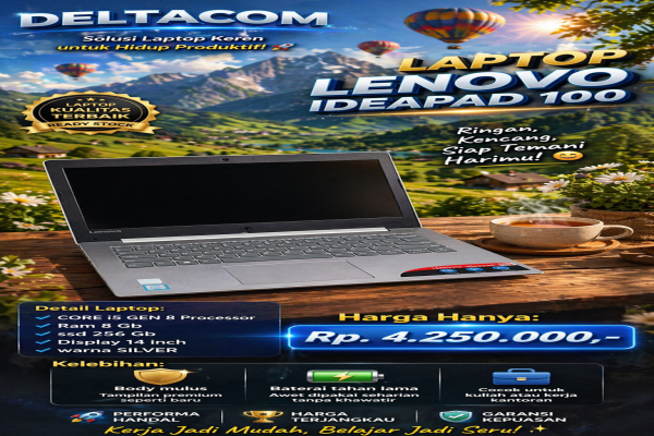 LAPTOP LENOVO IDEAPAD 100  🧠 Processor Intel Core i5 Gen 8  💾 RAM 8 GB DDR4  ⚡ Storage SSD 256 GB Anti Lemot  🖥️ Display 14 Inc Slim  🎨 Kondisi Mulus 