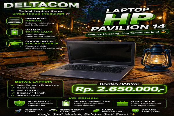 LAPTOP HP PAVILION 14  🧠 Processor Intel Celeron  💾 RAM 8 GB DDR4  ⚡ Storage SSD 128 GB Anti Lemot  🖥️ Display 14 Inc Slim  🎨 Kondisi Mulus dan Bergar