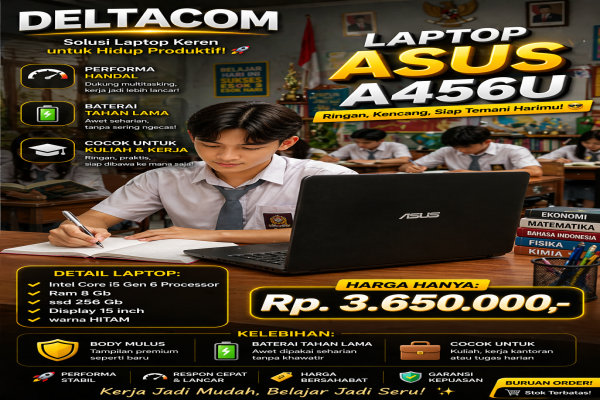 LAPTOP ASUS A456U  🧠 Processor Intel Core i5 Gen 6  💾 RAM 8 GB DDR4  ⚡ Storage SSD 256 GB Anti Lemot  🖥️ Display 14 Inc Slim  🎨 Kondisi Mulus dan Berg