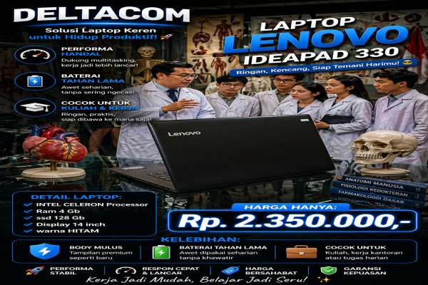 LAPTOP LENOVO IDEAPAD 330  🧠 Processor Intel Celeron   💾 RAM 4 GB DDR4  ⚡ Storage SSD 128 GB Anti Lemot  🖥️ Display 14 Inc Slim  🎨 Kondisi Mulus dan B