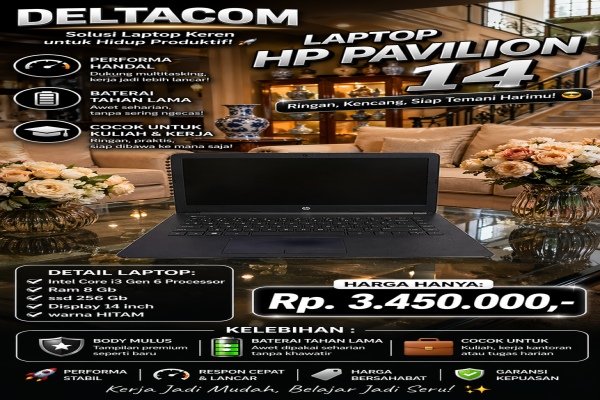 LAPTOP HP PAVILION 14  🧠 Processor Intel Core i3 Gen 6  💾 RAM 8 GB DDR4  ⚡ Storage SSD 256 GB Anti Lemot  🖥️ Display 14 Inc Slim  🎨 Kondisi Mulus dan 
