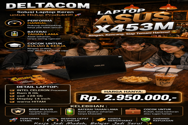 LAPTOP ASUS X453M  🧠 Processor Intel Celeron   💾 RAM 8 GB DDR4  ⚡ Storage SSD 128 GB Anti Lemot  🖥️ Display 14 Inc Slim  🎨 Kondisi Mulus dan Bergarans