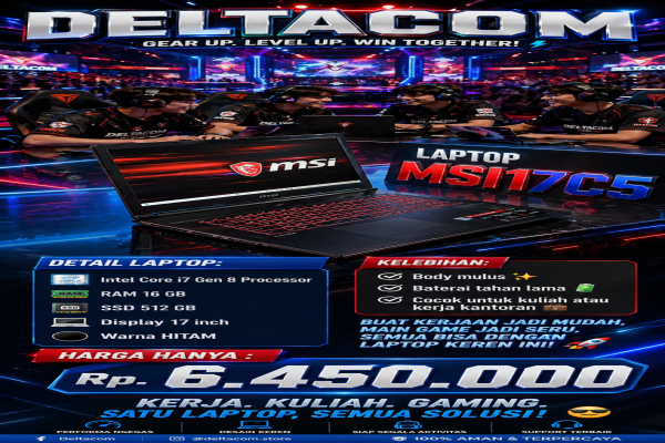 💻 LAPTOP MSI [MSI17C5]  🧠 Processor Intel Core i7 Gen 8  💾 RAM 16 GB DDR4  ⚡ Storage SSD 512 GB Anti Lemot  🖥️ Display 17 Inc Slim  🎨 Kondisi Mulus da