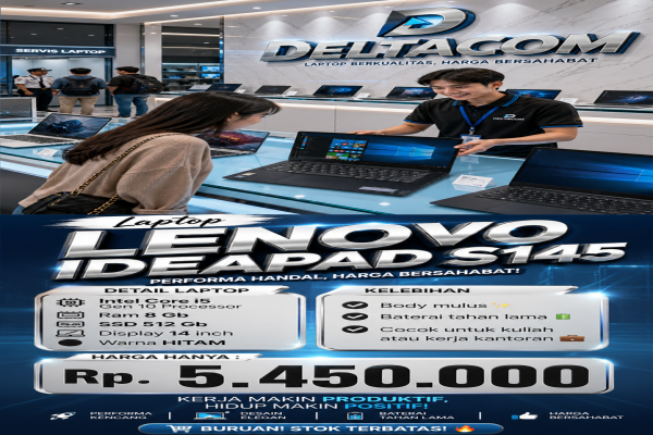 LAPTOP LENOVO IDEAPAD S145  🧠 Processor Intel Core i5 Gen 10  💾 RAM 8 GB DDR4  ⚡ Storage SSD 512 GB Anti Lemot  🖥️ Display 14 Inc Slim  🎨 Kondisi Mulu