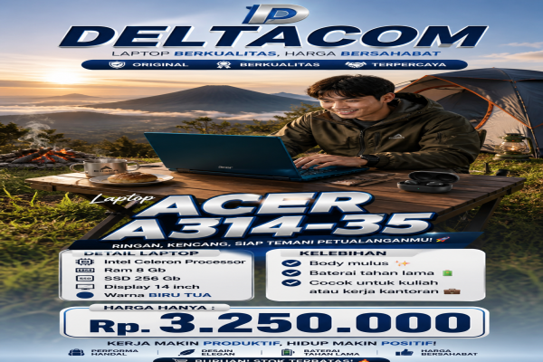 LAPTOP ACER A314-35  🧠 Processor Intel Celeron   💾 RAM 8 GB DDR4  ⚡ Storage SSD 256 GB Anti Lemot  🖥️ Display 14 Inc Slim  🎨 Kondisi Mulus dan Bergara