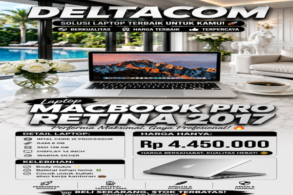 LAPTOP MACBOOK PRO RETINA 2017  🧠 Processor Intel Core i5  💾 RAM 8 GB DDR4  ⚡ Storage SSD 128 GB  🖥️ Display 14 Inc Slim  🎨 Kondisi Mulus dan Bergaran