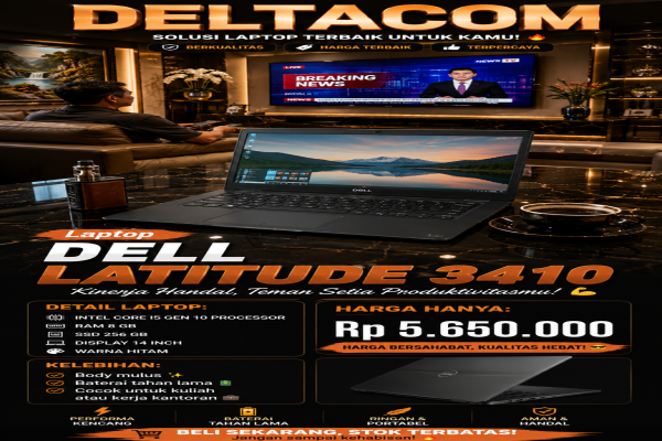 LAPTOP DELL LATITUDE 3410  🧠 Processor Intel Core i5 GEN 10  💾 RAM 8 GB DDR4  ⚡ Storage SSD 256 GB  🖥️ Display 14 Inc Slim  🎨 Kondisi Mulus dan Bergar